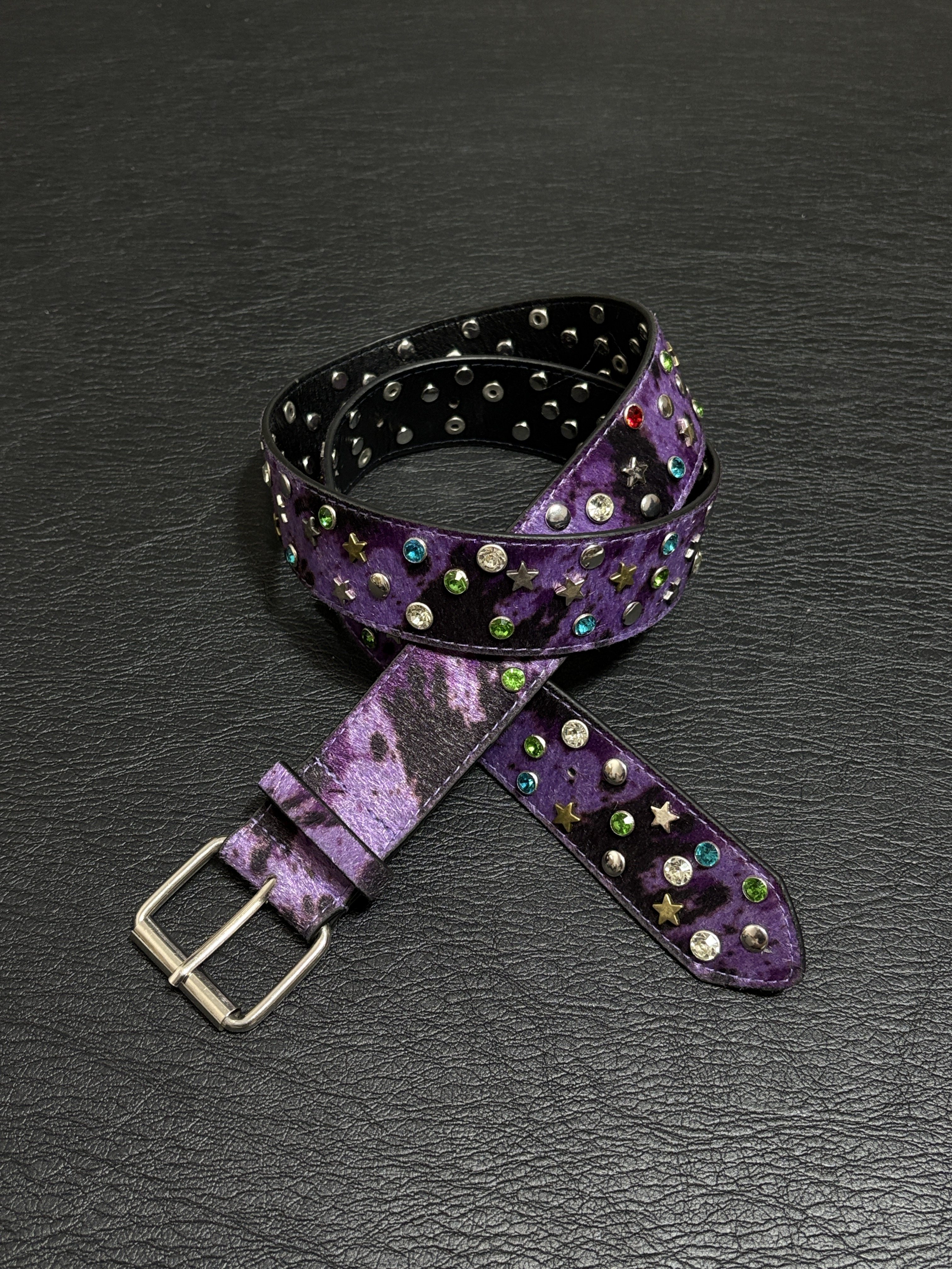 小心袖口 Vintage中古紫豹纹彩色宝石腰带原创小众y2k皮带配饰