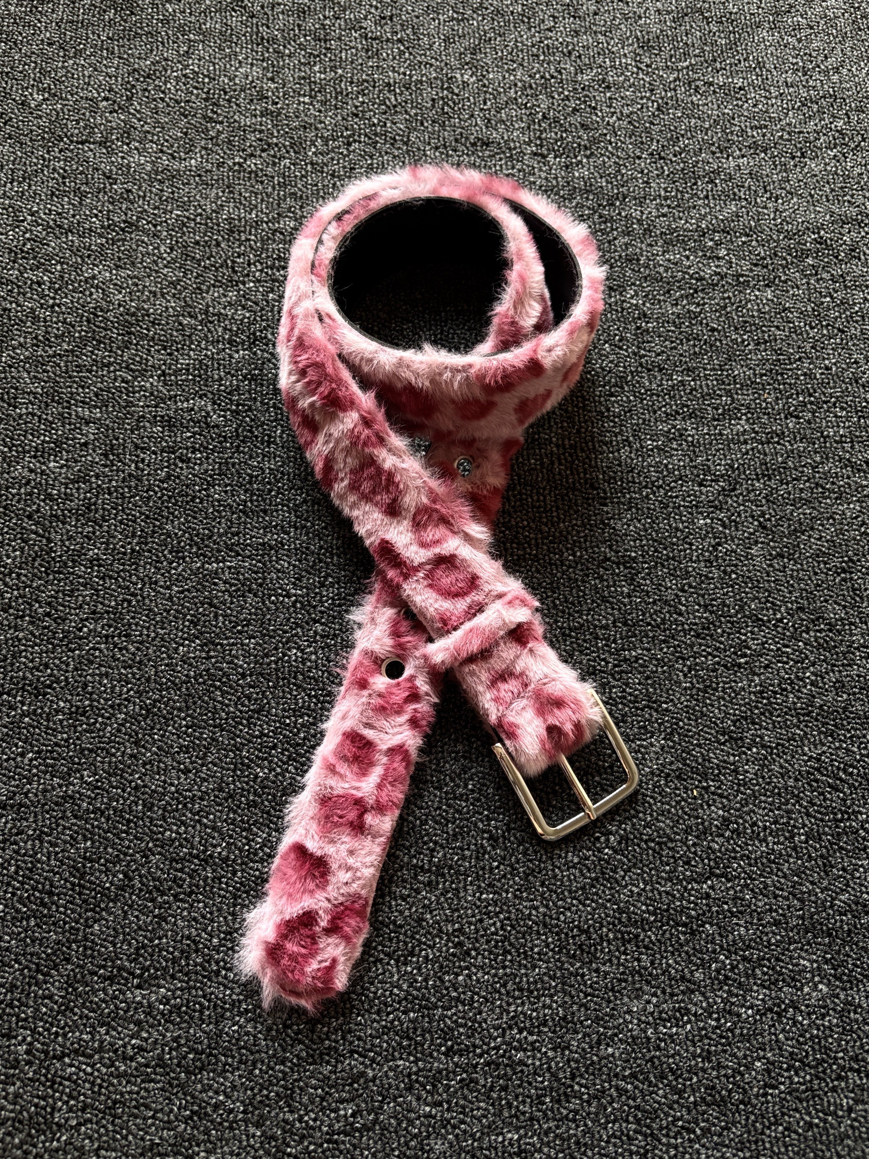 小心袖口 Vintage中古粉豹纹绒毛皮带腰带双排扣西部朋克摇滚配饰