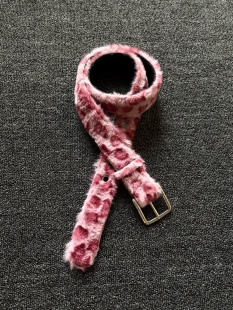 小心袖 Vintage中古粉豹纹绒毛皮带腰带双排扣西部朋克摇滚配饰 口