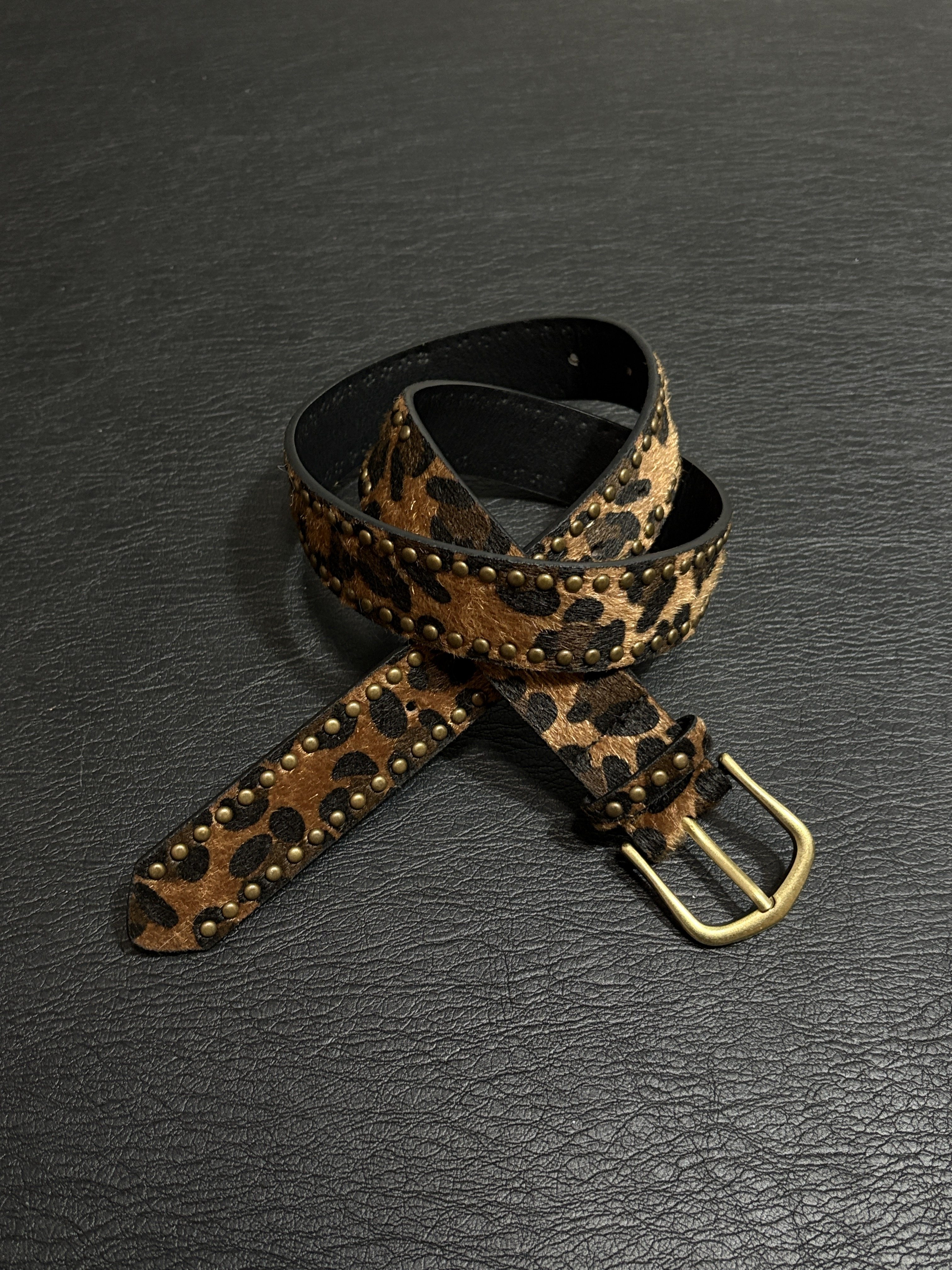 小心袖口 Vintage中古豹纹铆钉金扣腰带原创小众复古重工男女皮带
