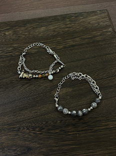 小心袖口 中古Vintage天然石珠钛钢手链转运珠男女小众简约配饰