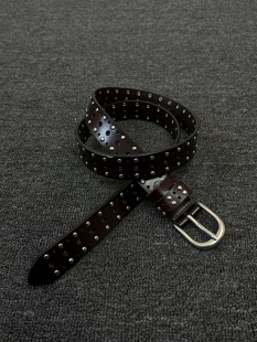 小心袖口 Vintage中古深棕镂空铆钉真皮腰带原创简约小众细款皮带