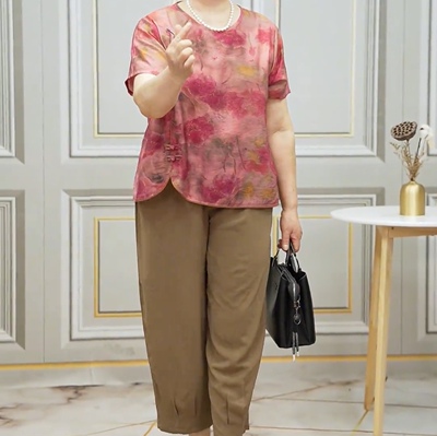 印花短款新中式T恤国风圆弧套装