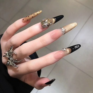 纸醉金迷纯手工穿戴甲黑金法式 波点猫眼爆闪香槟钻优雅千金风美甲