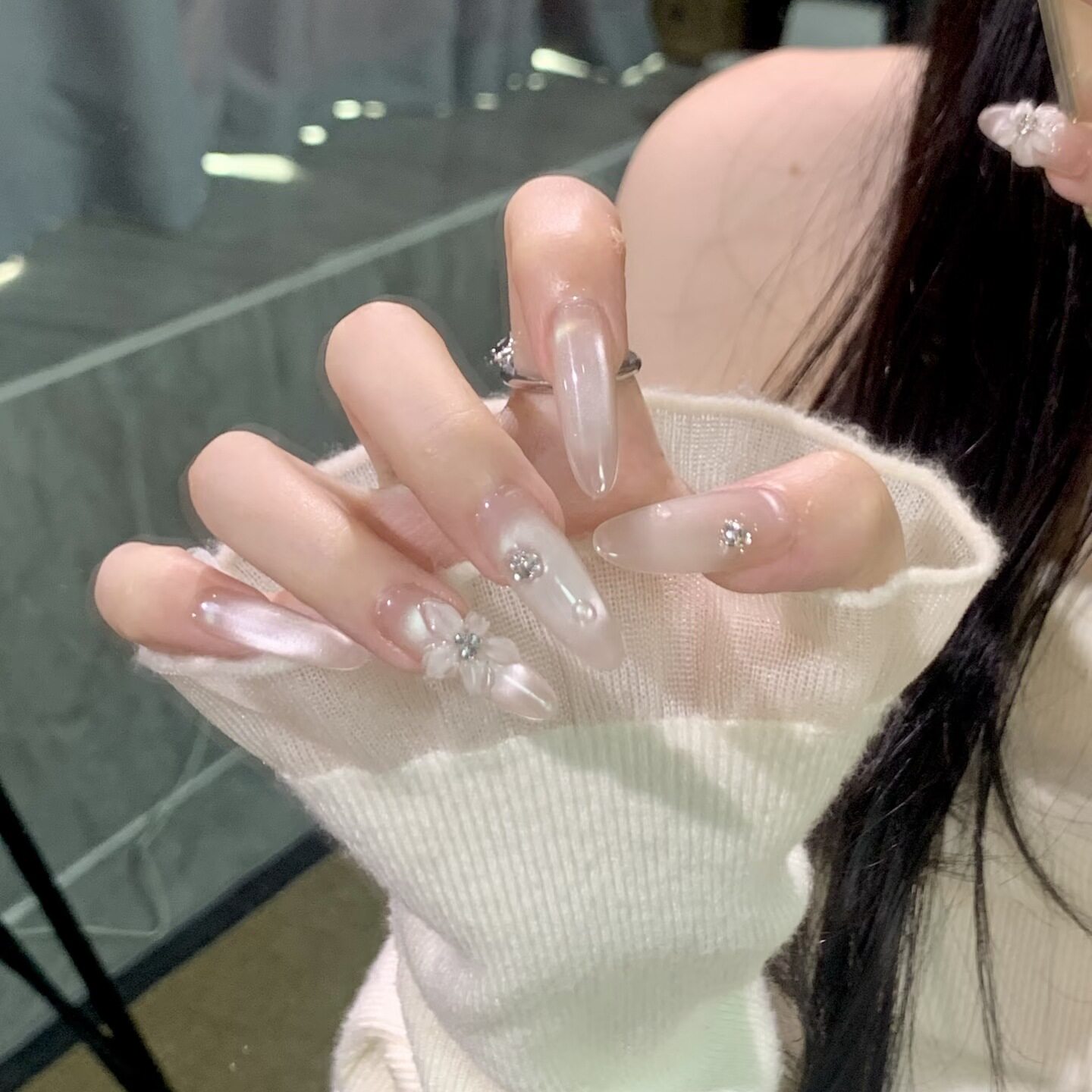 纯手工穿戴甲爆闪晶石猫眼冰透立体雕花美甲贴长款气质纯欲风显白