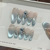 碧海流光 手工穿戴甲冰透蓝色猫眼镶钻纯欲仙气高级感显白美甲