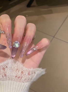 【冷雾紫】手工穿戴甲氛围感爆闪暗夜葡萄紫色猫眼亮片显白美甲贴