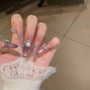 【冷雾紫】手工穿戴甲氛围感爆闪暗夜葡萄紫色猫眼亮片显白美甲贴