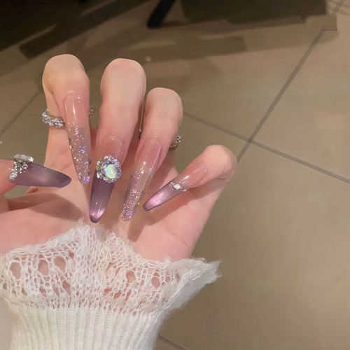 【冷雾紫】手工穿戴甲氛围感爆闪暗夜葡萄紫色猫眼亮片显白美甲贴