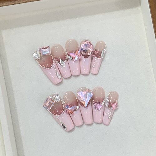 纯手工穿戴甲细节钢珠链条少女爱心腮红满钻法式高甜美甲贴片