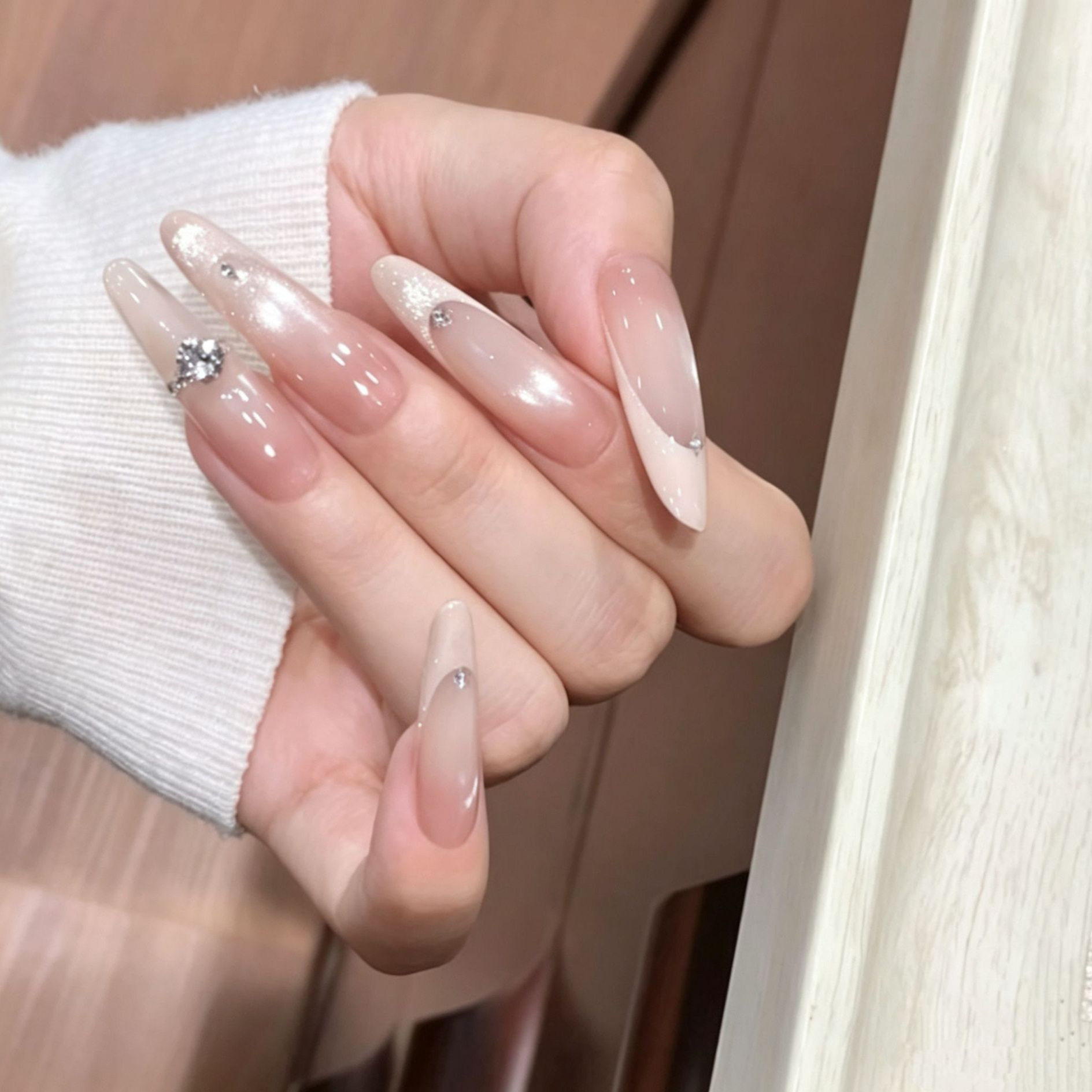 【白色回忆】手工穿戴甲冰透粉调渐变法式裸粉猫眼显白高级感美甲