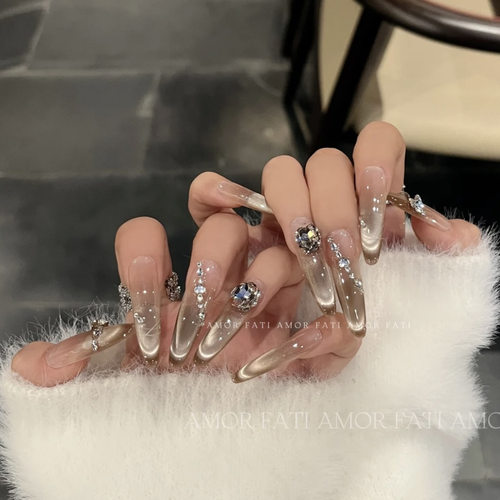 【星轨】手工穿戴甲香槟猫眼高级法式碎钻猫眼轻奢简约显白美甲贴