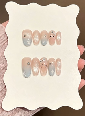 【冰桃喵喵】甜美少女可爱kitty手工穿戴甲粉蓝猫眼法式星星美甲