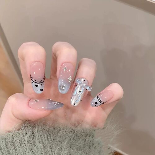 【霜月蕾丝】韩系ins风少女心蝴蝶结蓝色猫眼波点爱心手工穿戴甲