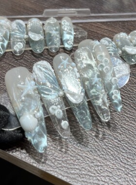 【无尽夏】夏日海边手工穿戴甲极光蓝色猫眼海星手绘人鱼贝壳美甲