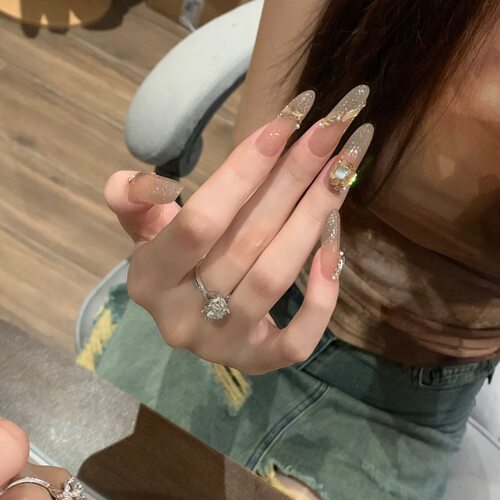 冰茶碎钻美拉德风手工美甲穿戴甲温柔香槟猫眼高级ins风纯欲美甲