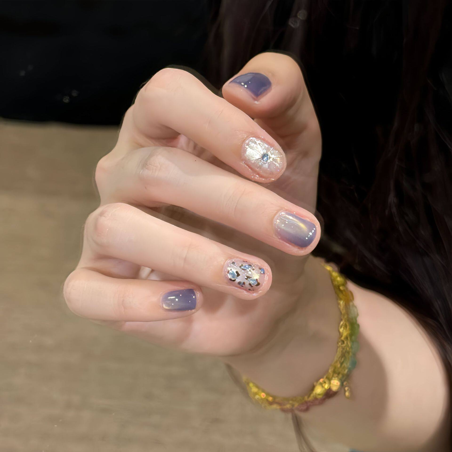 ins高级感手绘豹纹紫色猫眼纯手工穿戴甲短款显白美甲假指甲贴片