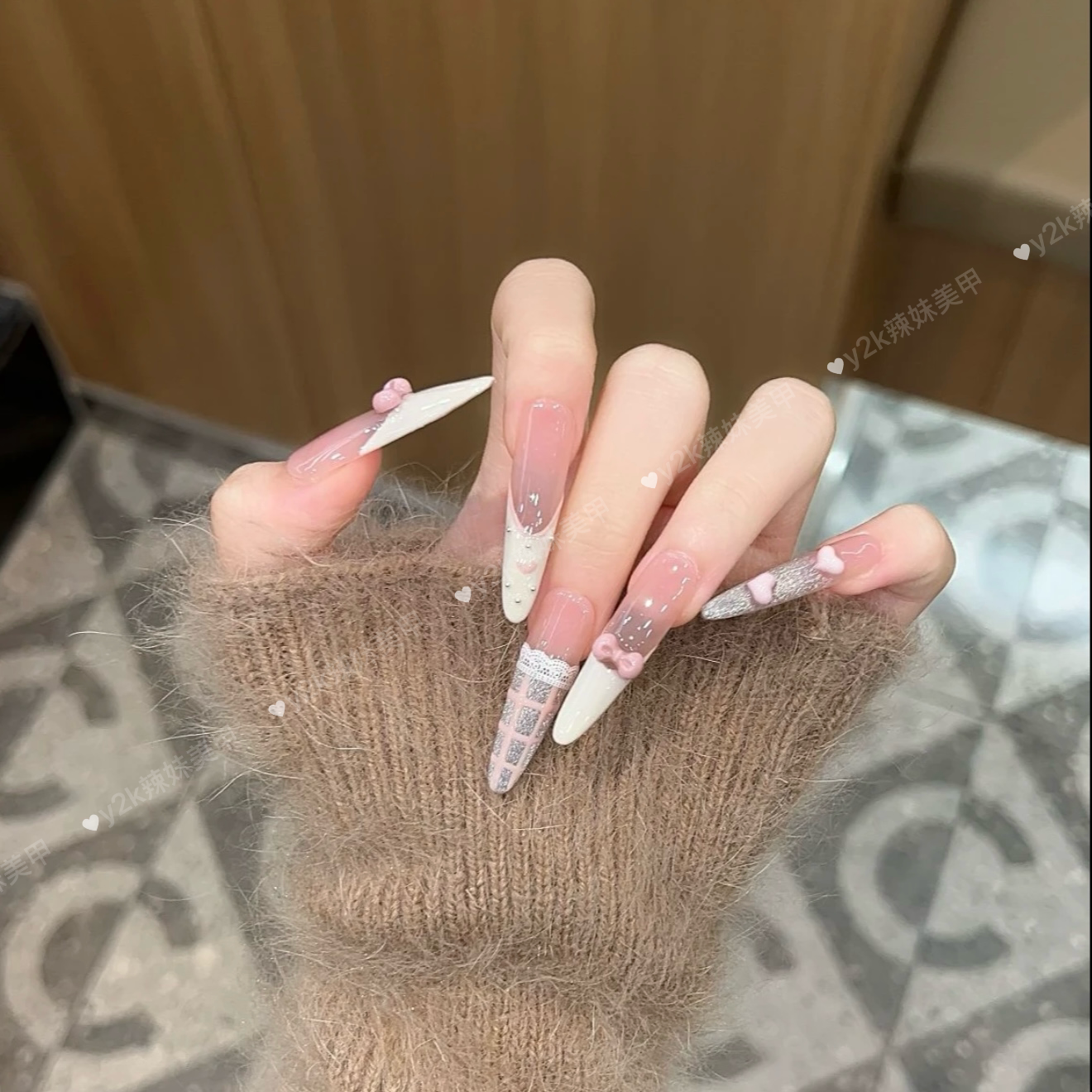 手工穿戴甲miu系芭蕾风甜美爱心蝴蝶结手绘白法式可爱少女心美甲