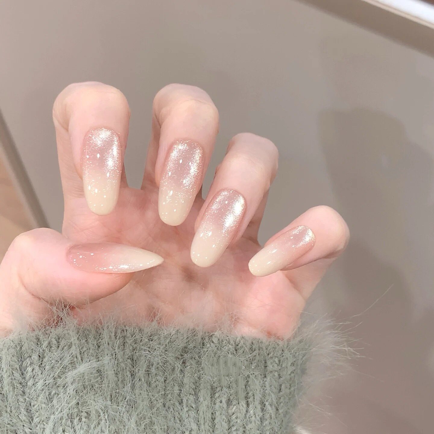 【粉雾月光】纯欲裸色猫眼渐变高级冰透手工穿戴甲温柔显白美甲贴