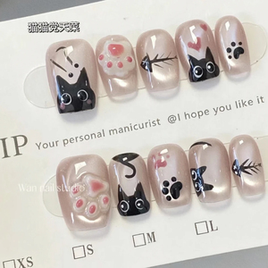 夏日新款可爱猫爪穿戴甲手绘猫咪罗小黑同款猫眼美甲成品美甲贴片