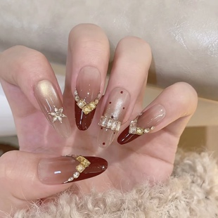 【枫红鎏金】新年红色手工穿戴甲波点猫眼温柔风高级显白长款美甲