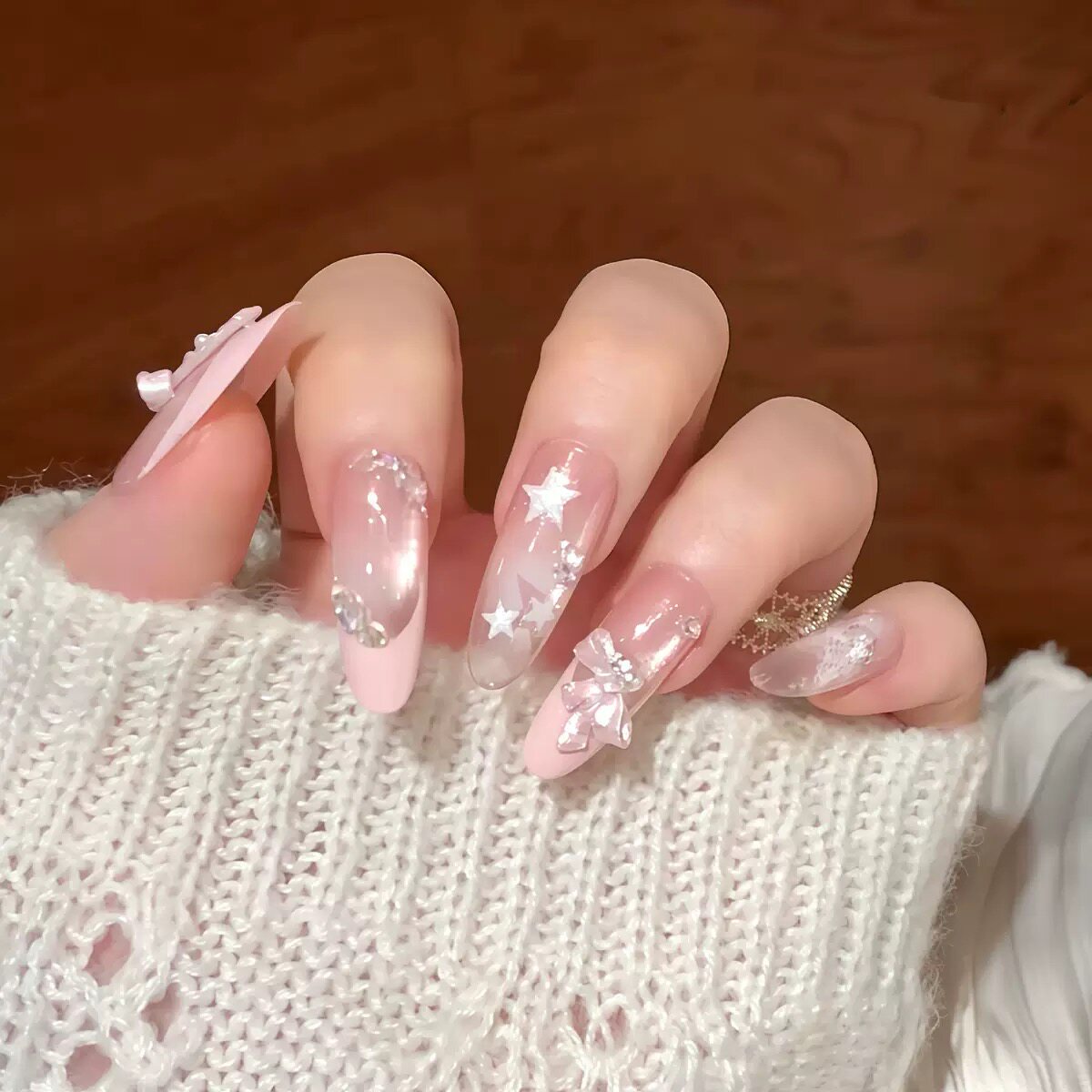 【砂糖星愿】手工穿戴甲ins粉色猫眼法式甜美星星蝴蝶结美甲贴片