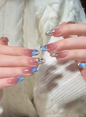 【海盐星河】手工穿戴甲爆闪蓝色猫眼法式碎钻显白温柔氛围感美甲