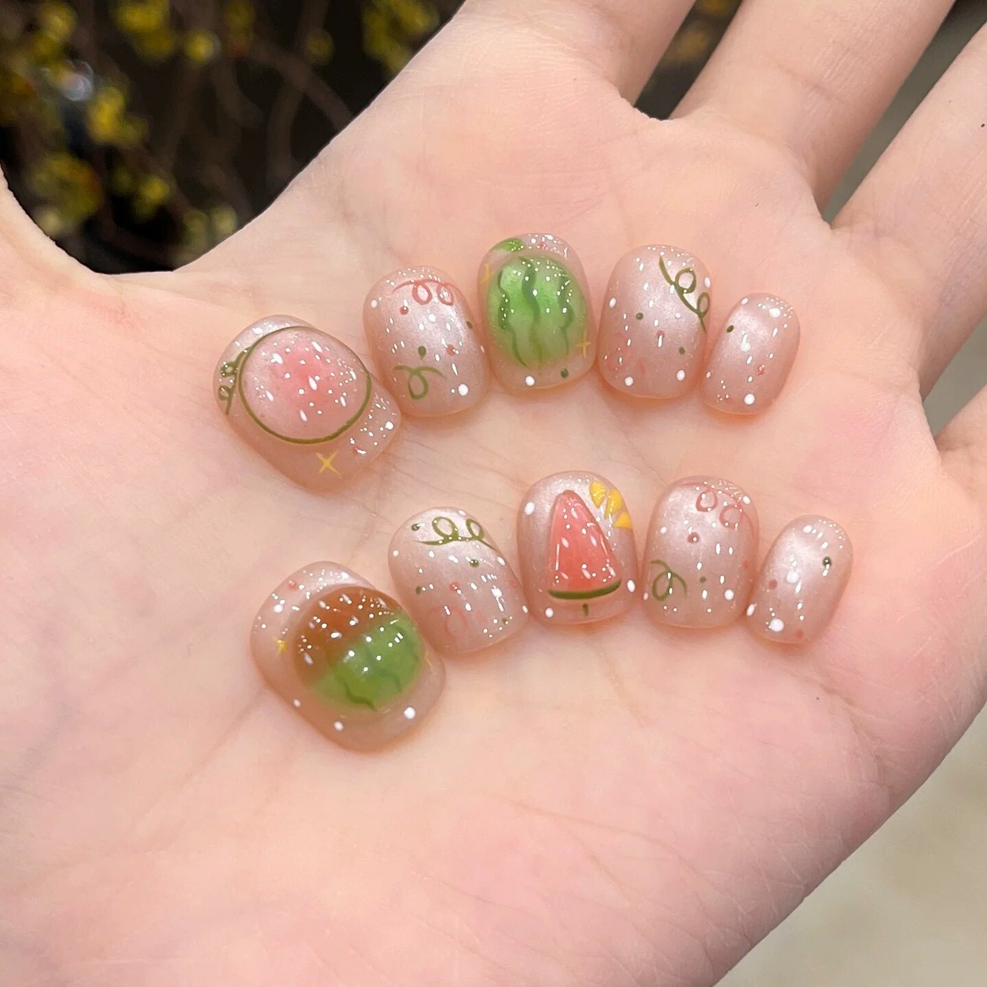 纯手工夏日童趣风水光玻璃珠猫眼波点立体西瓜可爱手绘美甲穿戴甲