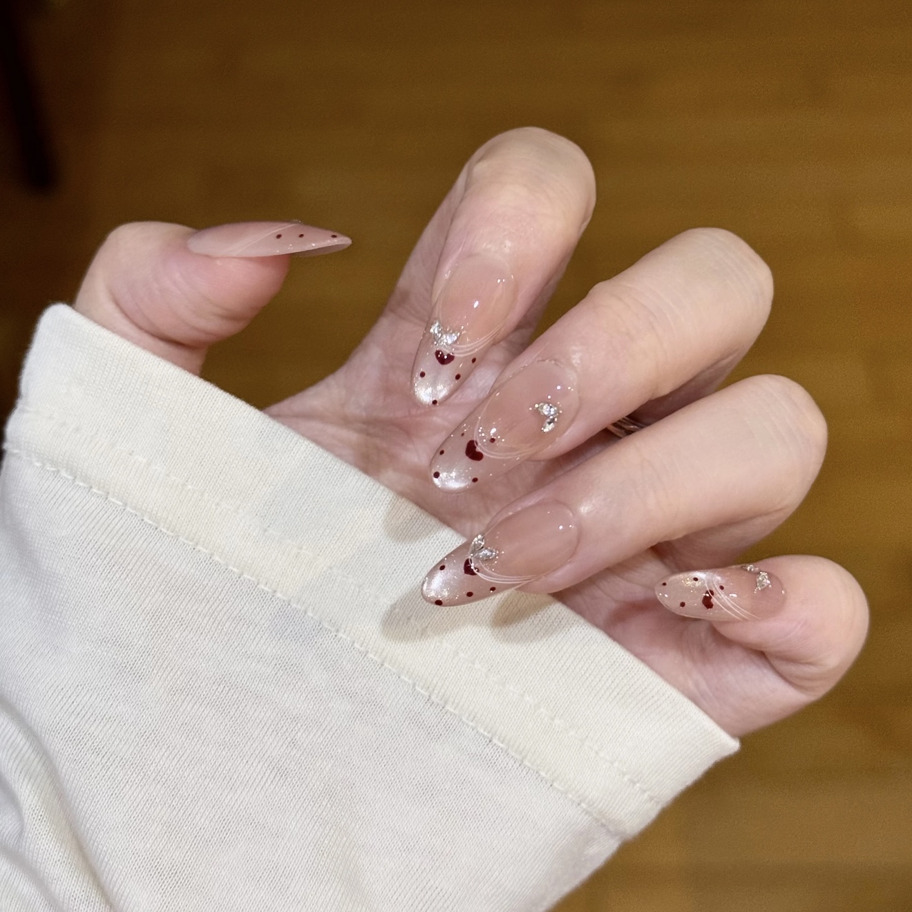 【心有所属】手工穿戴甲手绘法式爱心粉色猫眼温柔可爱显白美甲贴