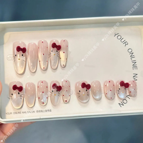 丝绒kitty裸色波点猫眼新款纯手工穿戴甲红色蝴蝶结显白新年美甲