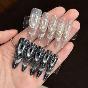 神谕圣光巴洛克十字架猫眼手工穿戴甲长款鸳鸯手绘美甲贴片假指甲