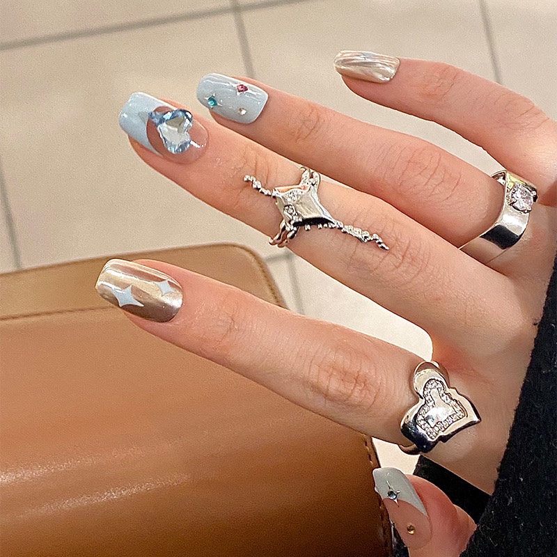 海洋之心｜手工光疗甲短款穿戴甲美甲法式爱心闪钻baby蓝色美甲片