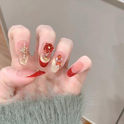 【鎏金锦鲤】红色法式锦鲤拼钻香槟猫眼爆闪纯手工穿戴甲新年战甲