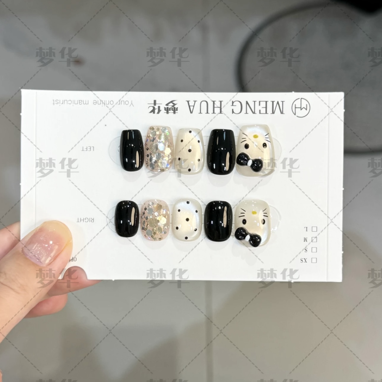 hellokitty纯手工穿戴甲短款秋冬猫眼黑色波点黑显白爆闪美甲贴片