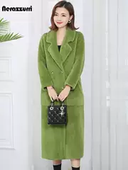 Nerazzurri Green Shearling Coat for Women, Long Double-Breasted, Fashionable High-End Wool Coat for Women in Winter