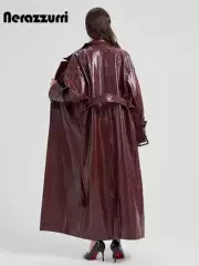 Designed with a Loose Fit, Glossy Leather Jacket for Women, High-End, Long, Retro-Style, Elegant Leather Coat