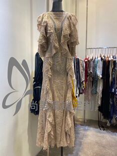 2020荷叶边重工真丝杏色仙女古典连衣裙