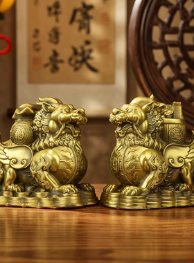 铜貔貅聚宝盆摆件一对开业礼品