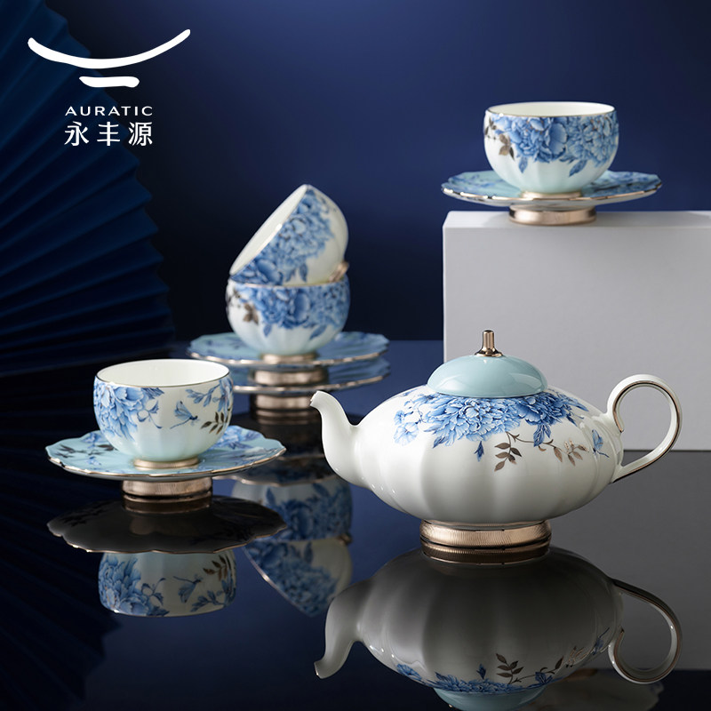 国瓷永丰源铂金青花6头10头茶具套装 陶瓷高档午茶杯碟轻奢礼盒