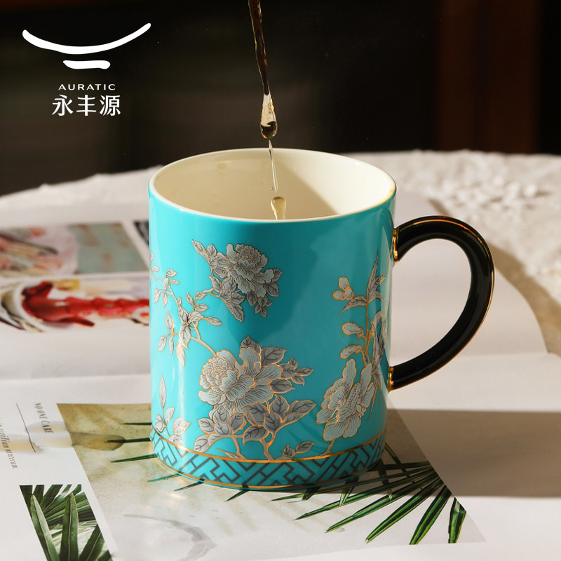 国瓷永丰源水墨牡丹马克杯陶瓷家用喝水杯子盖杯女高颜值个人专用图片