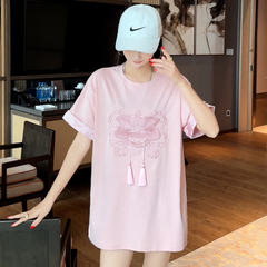 国潮醒狮刺绣粉色短袖t恤女夏季2024年新款宽松中长款新中式上衣