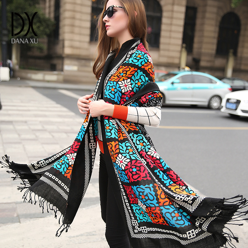 彩绘拼接柔软围脖围巾防寒高档美拉德旗袍逛街保暖拍照大尺寸