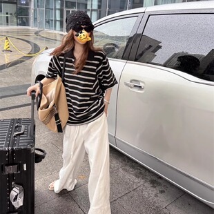 黑白条纹T恤 特殊拼接走线 设计感慵懒休闲宽松polo领上衣