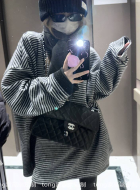 表层绒毛感！超舒适 加厚粗针条纹T恤 宽松韩系圆领长袖上衣