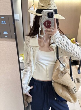 夏日穿搭灵魂单品镂空翻领薄款针织短外套白色