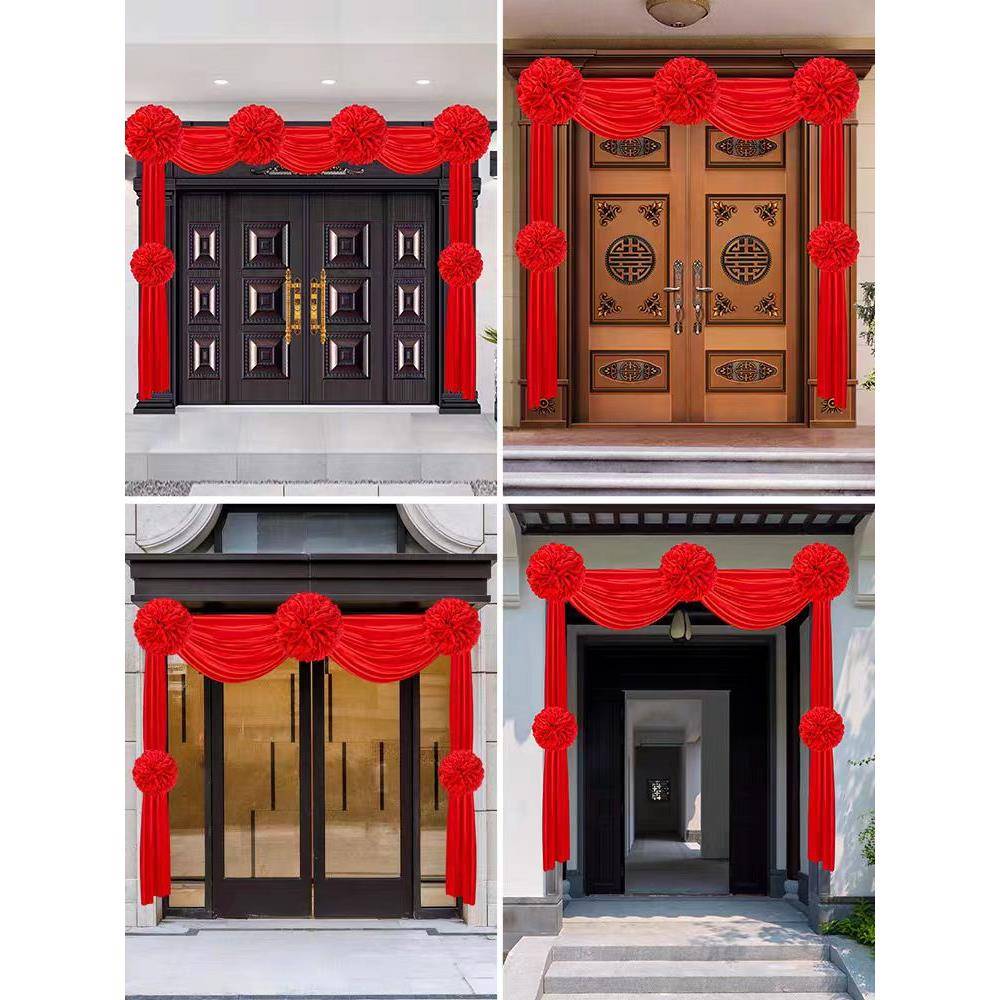 大红花球结婚新房装饰门框波浪形花球新居乔迁挂红大红花揭幕红布