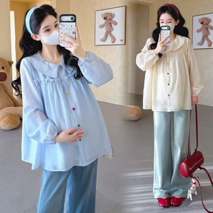 孕妇装 孕妇上衣春款 新款 韩版 娃娃领木耳边拼接甜美娃娃衫 衬衫 春季