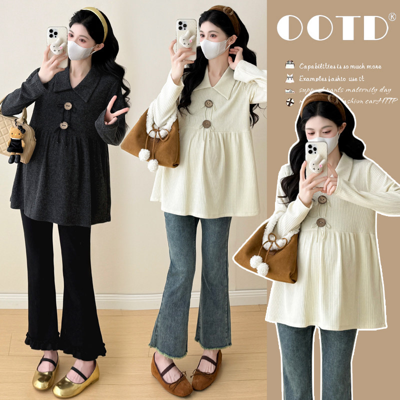 孕妇秋冬上衣新款法式小香风翻领大纽扣条棉宽松娃娃衫秋季孕妇装
