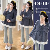 遮肚衬衫 孕妇装 上衣洋气格子拼接刺绣花边假两件娃娃衫 新款 春秋季