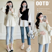 新款 娃娃衫 孕妇上衣春秋孕妇装 拼接设计感开叉假两件衬衫 时尚 春装